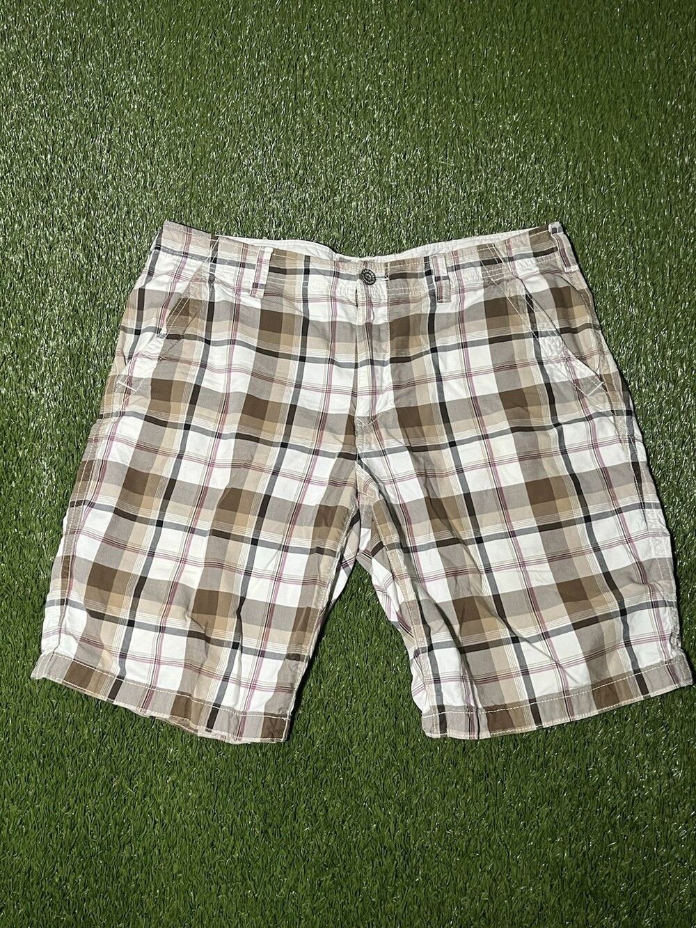 Express Plaid Chino Men's Shorts, Cotton, Brown Beige Pink White, Button Size 36